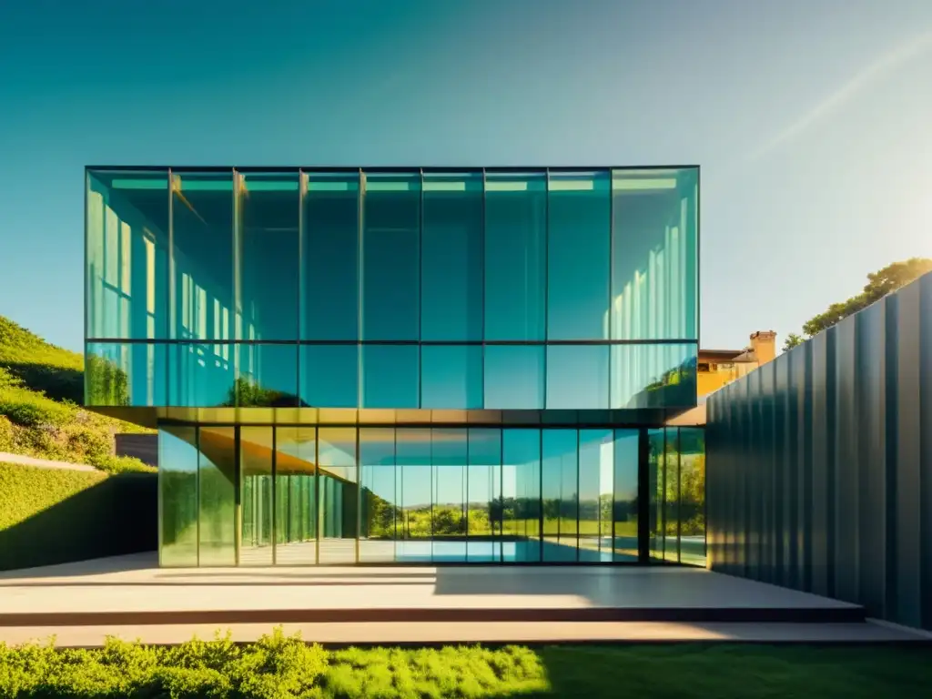 Un impresionante edificio de arquitectura sostenible, hecho de vidrio reciclado, bañado por la luz del sol y rodeado de naturaleza exuberante