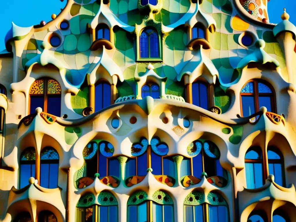 Una impresionante imagen de la icónica Casa Batlló en Barcelona, capturando sus detalles en tonos cálidos y dorados bajo la luz de la tarde