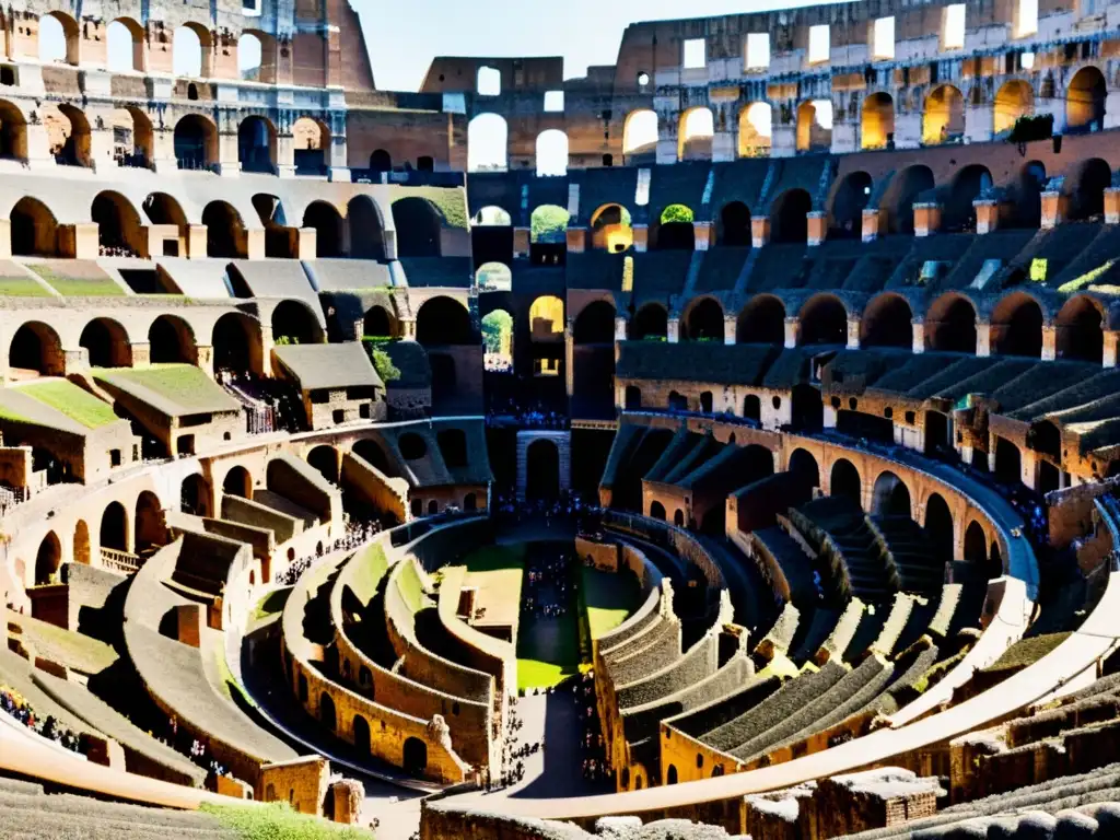 Una impresionante imagen del interior del Coliseo en Roma, resaltando sus detalles arquitectónicos y la influencia cultural del Coliseo Romano