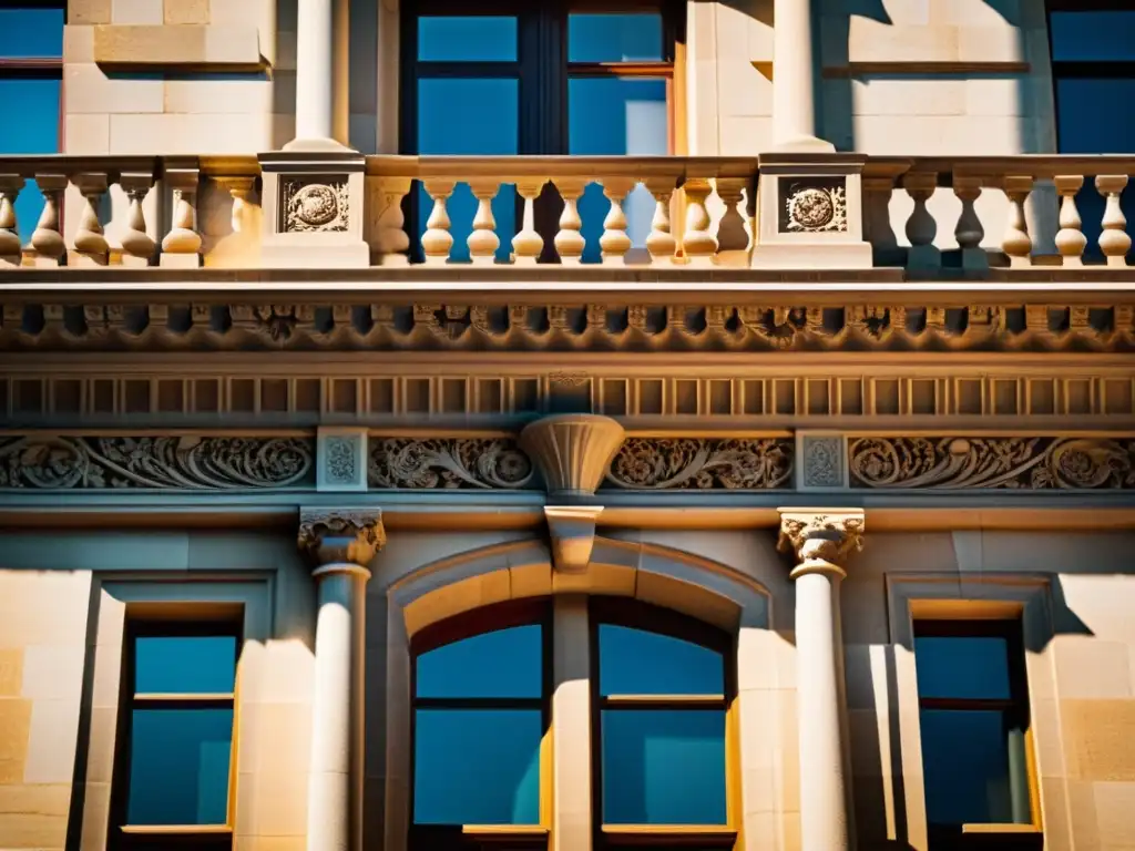 Una impresionante imagen vintage de un edificio histórico con detalles arquitectónicos, iluminado por el sol