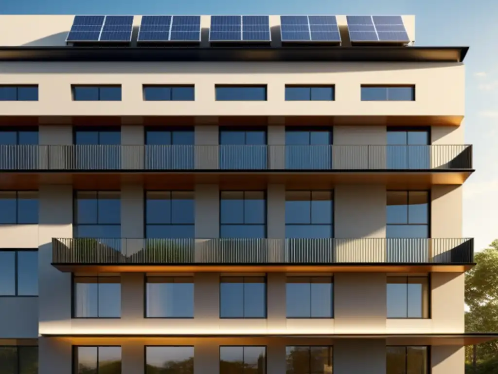 Una impresionante integración de paneles solares en la arquitectura moderna, con un diseño innovador y atractivo, bañado por la cálida luz del sol