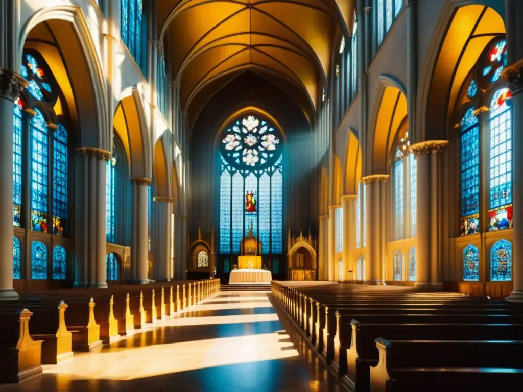 Esplendor manierista: luz dorada en la catedral Una impresionante fotografía de alta resolución del interior de una catedral manierista, destacando las técnicas espaciales de esta arquitectura única