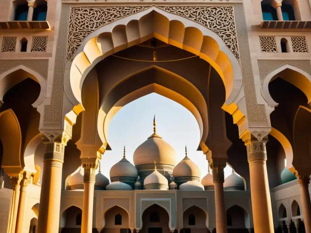 Una impresionante madrasa islámica con detalles arquitectónicos, arcos ornamentados, minaretes imponentes y patrones geométricos