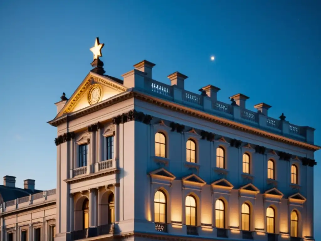 Una fotografía impresionante de un majestuoso edificio histórico iluminado por una suave luz cálida al anochecer, resaltando sus detalles arquitectónicos