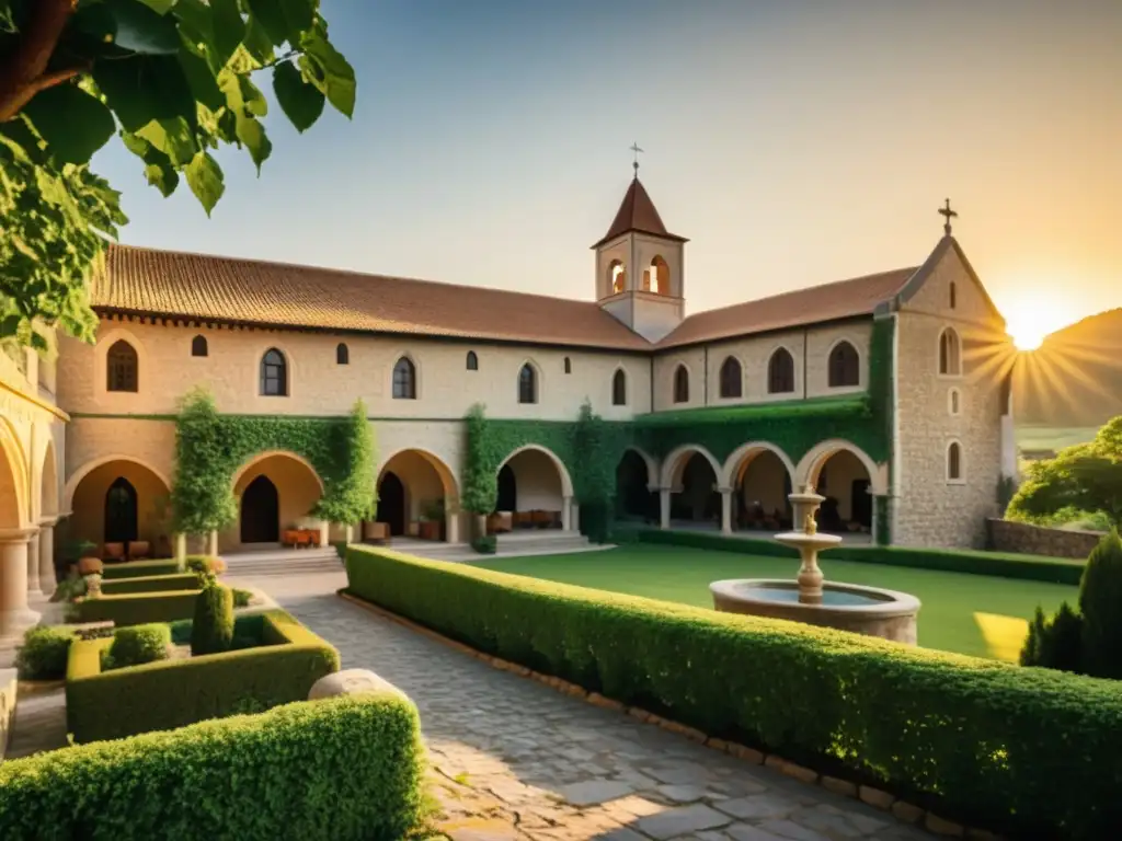 Un impresionante monasterio convertido en hotel con detalles arquitectónicos y entorno sereno al atardecer