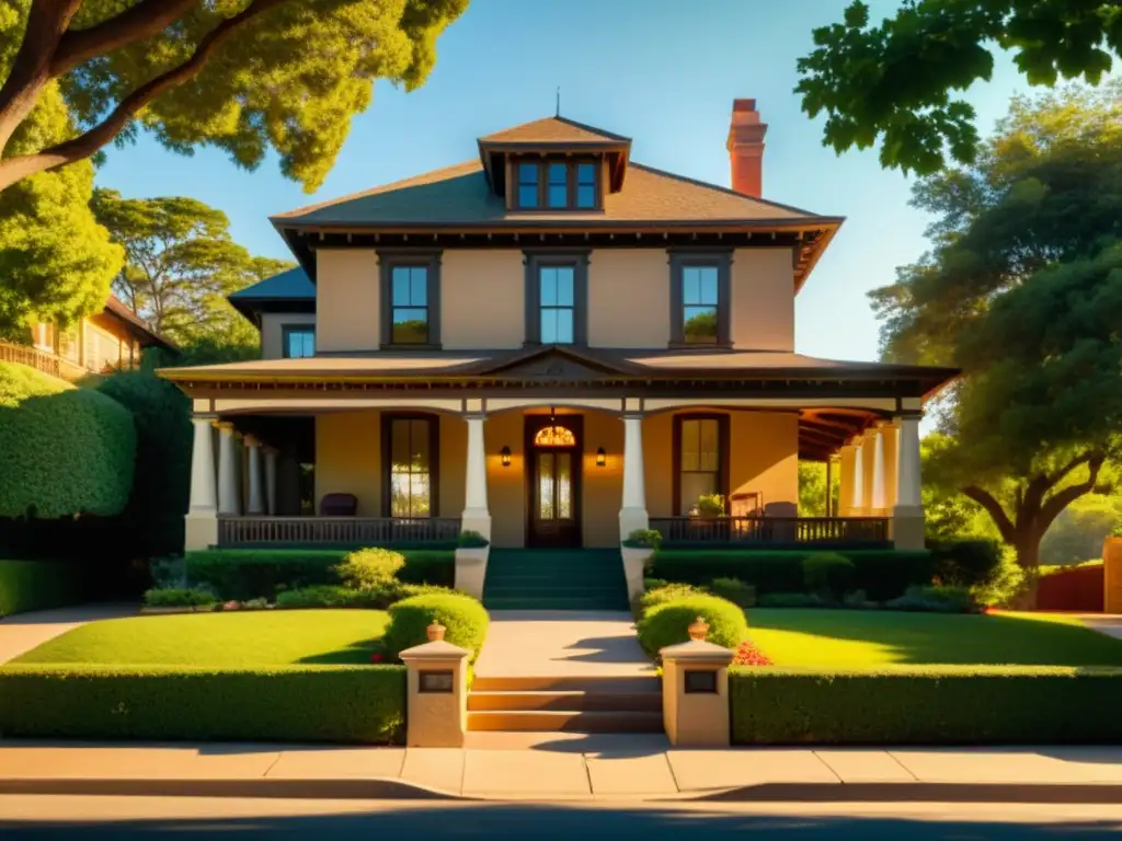 Una impresionante fotografía vintage de una casa histórica bien conservada con detalles arquitectónicos intrincados y un exuberante paisajismo