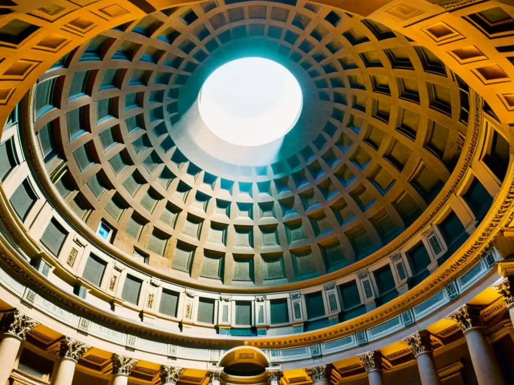 Una impresionante fotografía vintage del interior del Panteón en Roma, resaltando la cúpula con intrincados paneles, el óculo central que irradia luz y la grandeza de los principios de construcción en arquitectura romana en un entorno contemporáneo