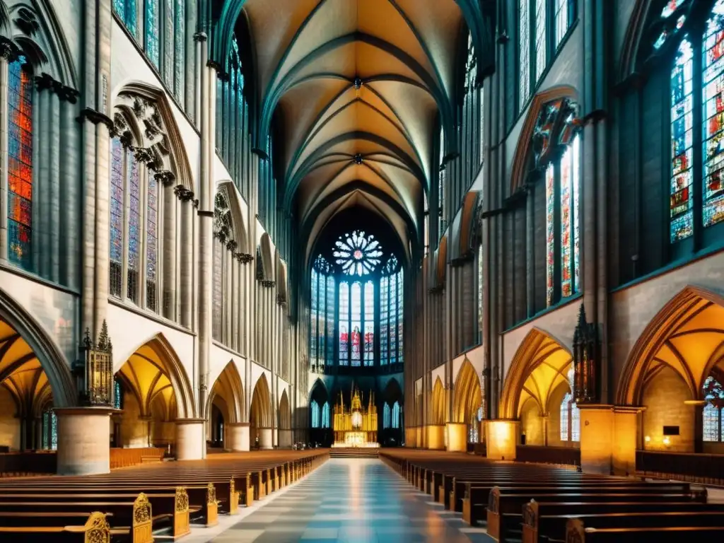 Una impresionante vista del interior de la Catedral de Colonia en Alemania, con su arquitectura gótica, vitrales y detalle ornamental