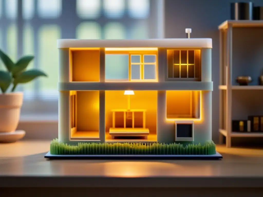 Una impresora 3D vintage crea con detalle una miniatura de casa en un cálido ambiente sepia, evocando nostalgia y artesanía