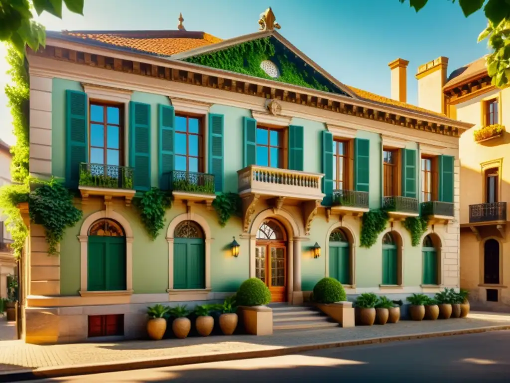 Incentivos fiscales para conservación histórica: Fotografía vintage de un edificio histórico con detalles arquitectónicos, rodeado de vegetación y calles empedradas, bañado por la luz del sol, creando una atmósfera nostálgica y atemporal