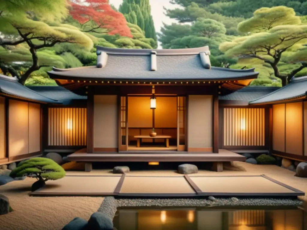 Influencia de la arquitectura tradicional japonesa: Teahouse en jardín sereno con iluminación de linternas y diseño zen