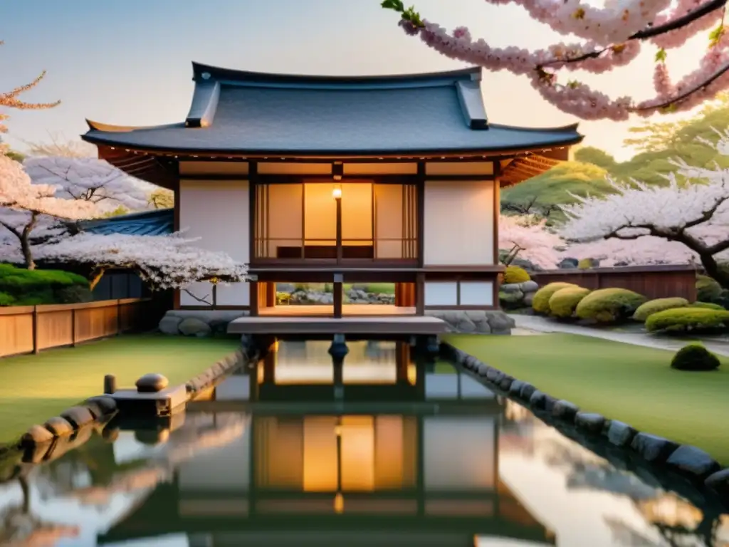 Influencia de la arquitectura tradicional japonesa: Casa de madera rodeada de cerezos en flor y un sereno estanque, con luz suave al amanecer