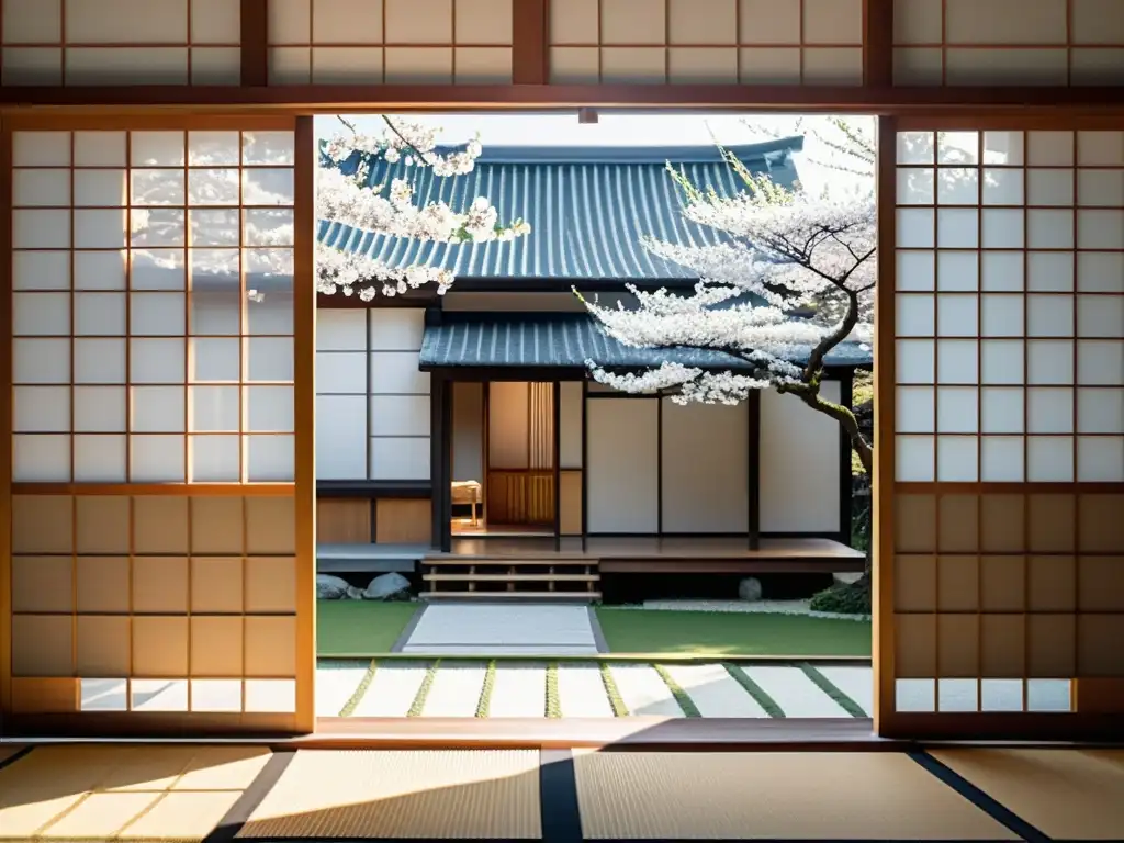 Influencia del clima en arquitectura asiática: Fotografía vintage en blanco y negro de una casa japonesa tradicional entre cerezos en flor, con luz solar filtrándose a través de las ramas y proyectando sombras intrincadas en las puertas de shoji y el techo de tejas