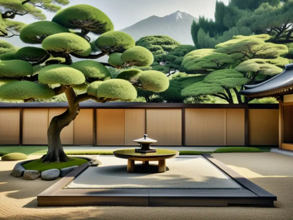Influencia del minimalismo japonés en decoración: Fotografía vintage en blanco y negro de un sereno jardín japonés, con grava cuidadosamente manicurada, un elegante árbol y una estructura de madera tradicional al fondo