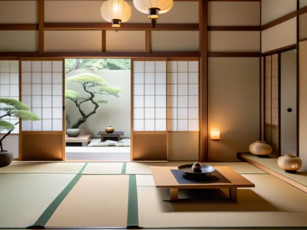 Influencia del minimalismo japonés en decoración: Interior sereno con líneas limpias, tatamis, faroles de papel y bonsáis, en tonos neutros