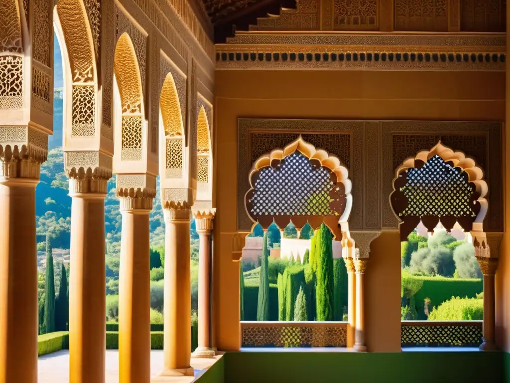 Influencia morisca en la arquitectura: Fotografía de la Alhambra, con sus patrones geométricos, arcos y columnas, resaltando su belleza atemporal