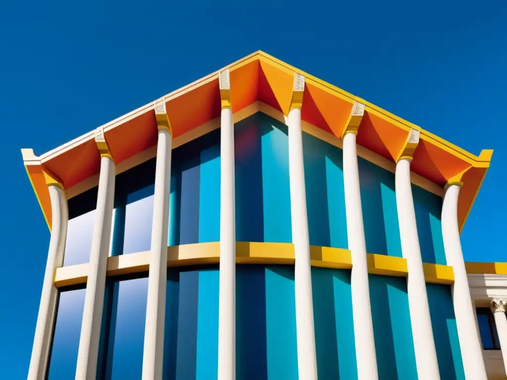 Influencia del postmodernismo en arquitectura: Fotografía vintage de una obra maestra arquitectónica postmoderna, destacando detalles intrincados y uso juguetón del color, con el sol proyectando sombras dramáticas