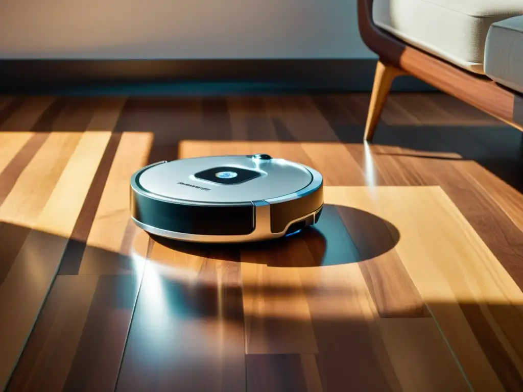 Influencia de robots en la limpieza y el diseño de interiores contemporáneos: un robot aspirador plateado se desliza sin esfuerzo por un suelo de madera, en un entorno retro con muebles de mediados de siglo y decoración minimalista