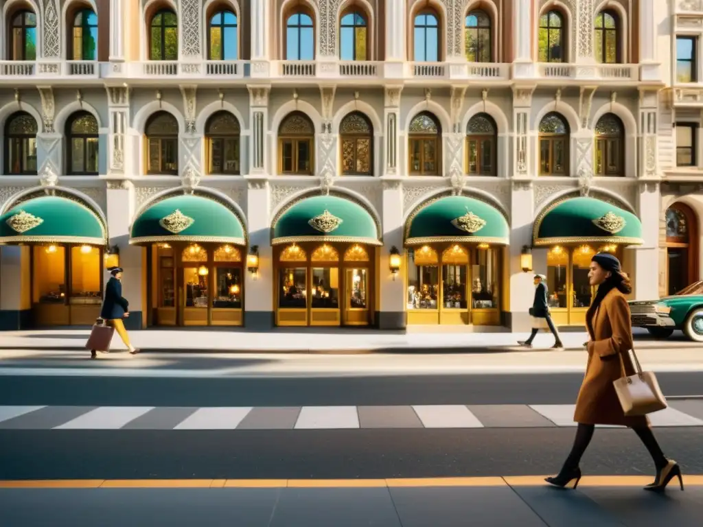 Influencia de tendencias arquitectónicas en el mercado inmobiliario: calle bulliciosa con edificios modernistas elegantes, gente paseando y autos clásicos