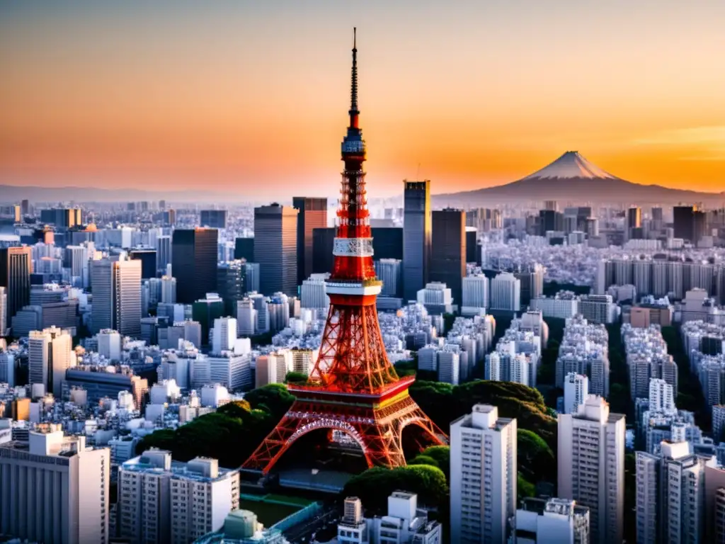 La influencia de la Torre de Tokio en la ciudad, con un atardecer cálido y el contraste entre la arquitectura tradicional y moderna de la metrópolis