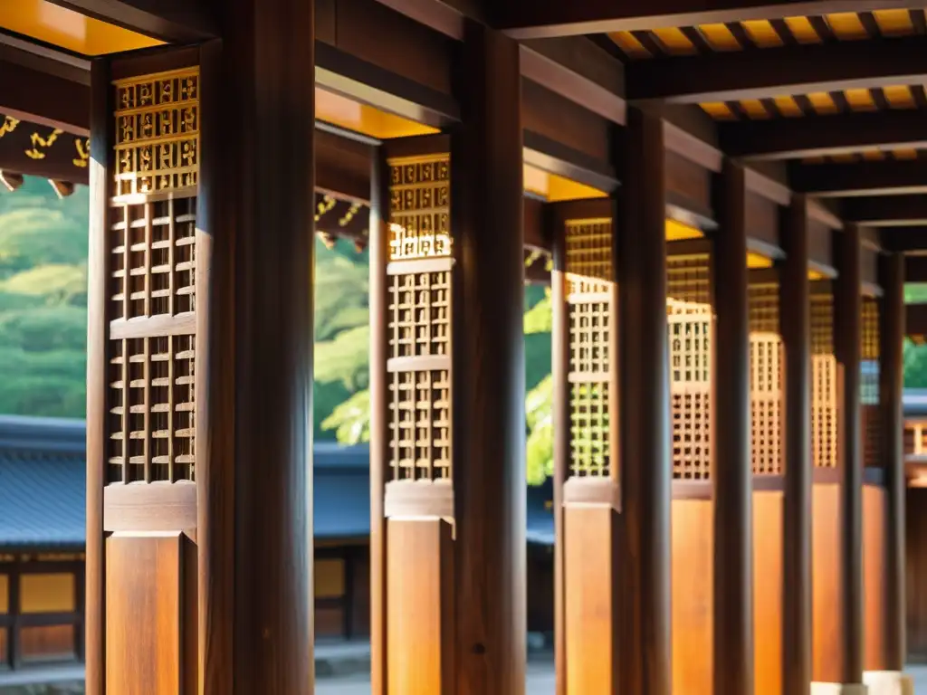 Influencia del vestuario tradicional japonés: Detalle de columnas de madera tallada en un templo japonés, bañadas por cálida luz dorada