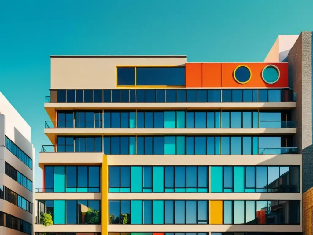 Influencias globales del postmodernismo: Fotografía vintage de un edificio postmoderno con formas geométricas audaces y colores vibrantes, en un paisaje urbano bullicioso