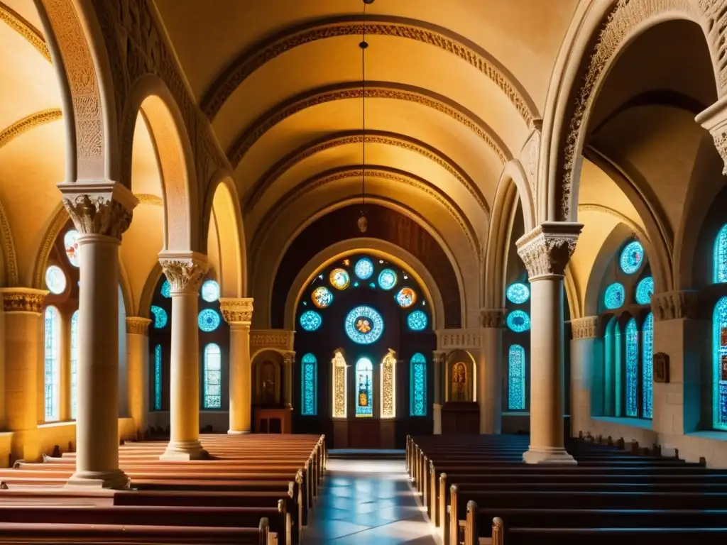 Influencias orientales en arquitectura románica: Interior de iglesia románica bien conservada con tallados en piedra, arcos y columnas ornamentadas