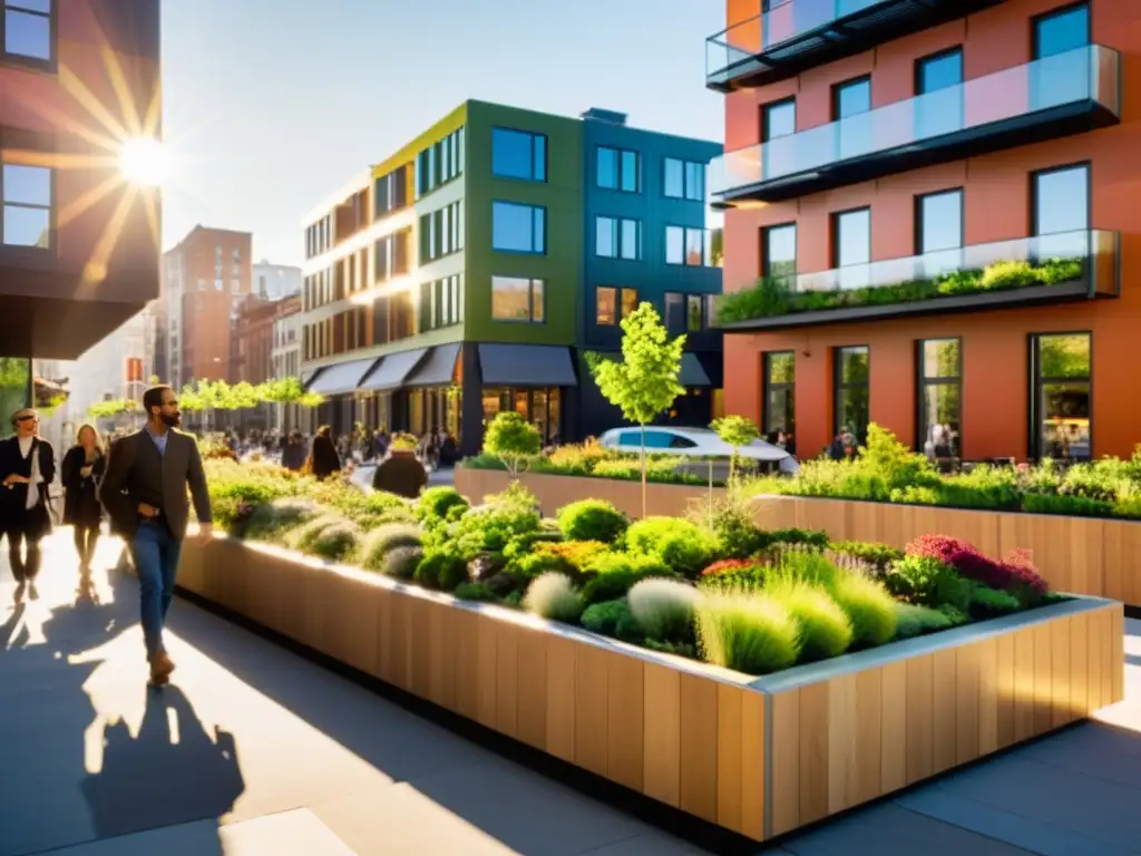 Calles urbanas sostenibles: diseño bioclimático en la ciudad Innovaciones en diseño bioclimático urbano: Calles de la ciudad con edificios vintage y techos verdes, destacando un ambiente urbano sostenible