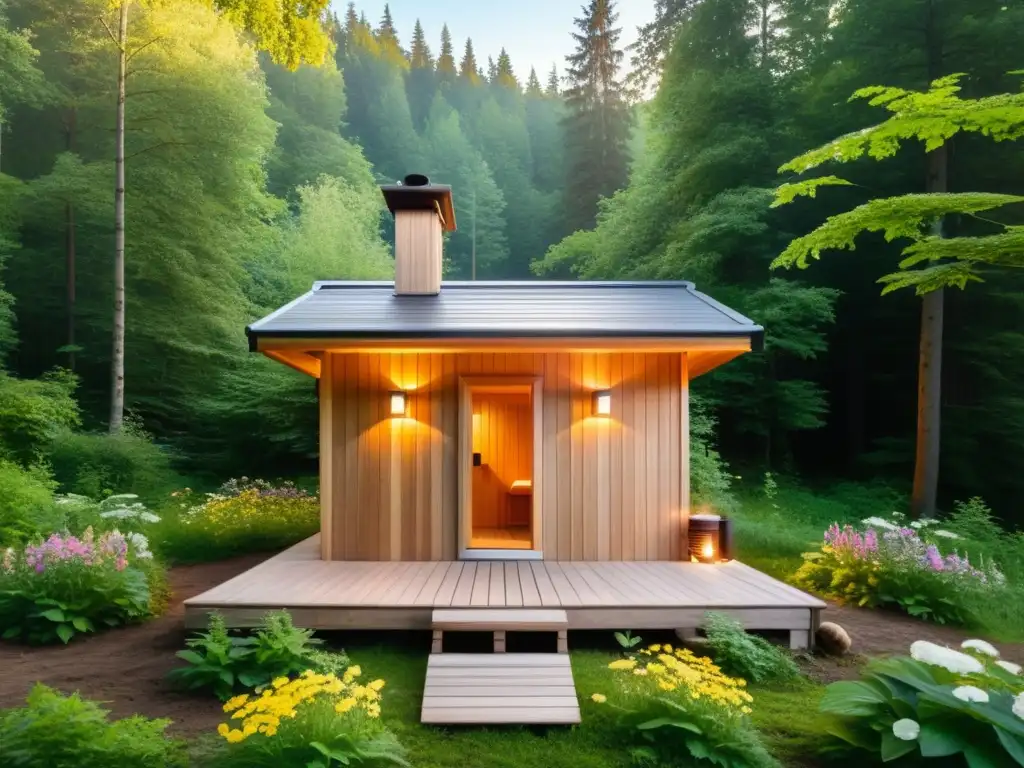 Innovaciones en diseño de spa: una sauna rústica en un bosque exuberante, rodeada de flores silvestres, con luz suave entre los árboles