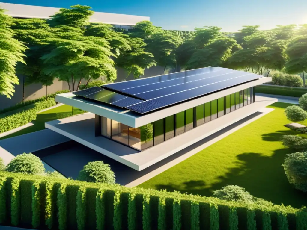 Innovaciones en energía solar para edificaciones ecológicas: diseño arquitectónico moderno con paneles solares integrados y entorno natural exuberante