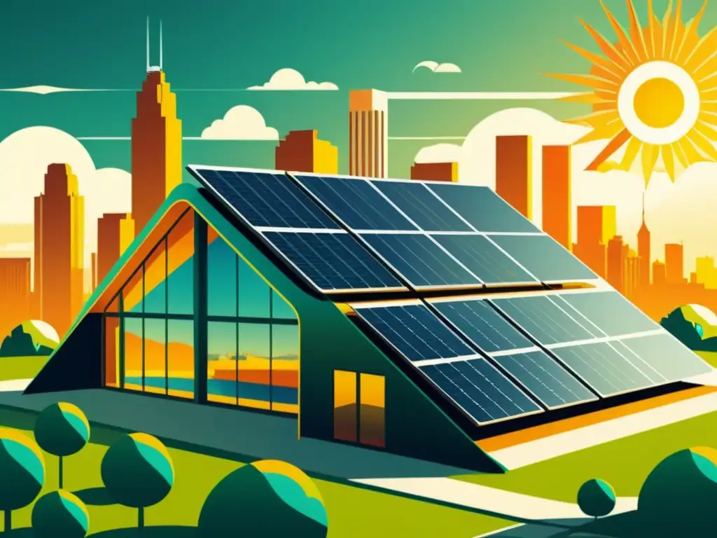 Innovaciones en energía solar: ilustración vintage de edificio futurista ecológico con paneles solares integrados, en una ciudad vibrante y soleada