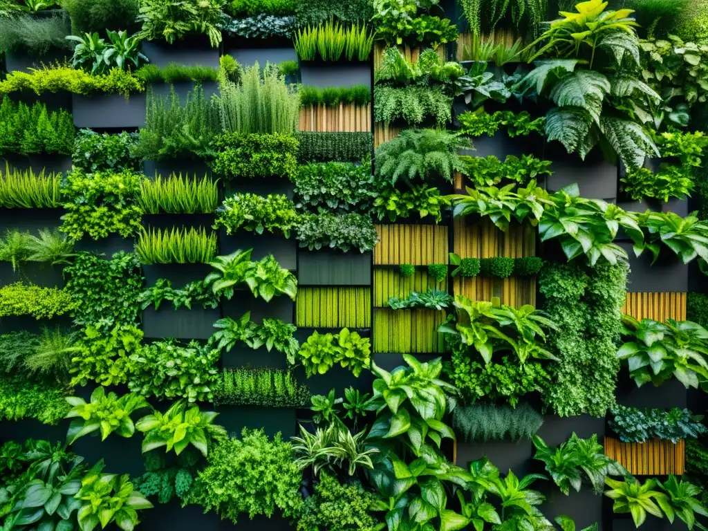 Innovaciones en jardines verticales sostenibles: Detalle ultra definido de un exuberante jardín vertical con plantas vibrantes y follaje intrincado, creando una impresionante pared viva sostenible