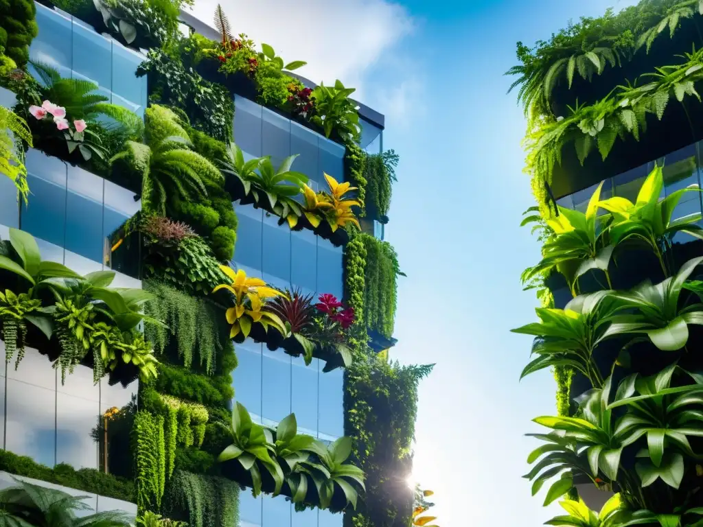 Innovaciones en jardines verticales sostenibles: un impresionante jardín vertical adorna un moderno rascacielos, fusionando naturaleza y arquitectura