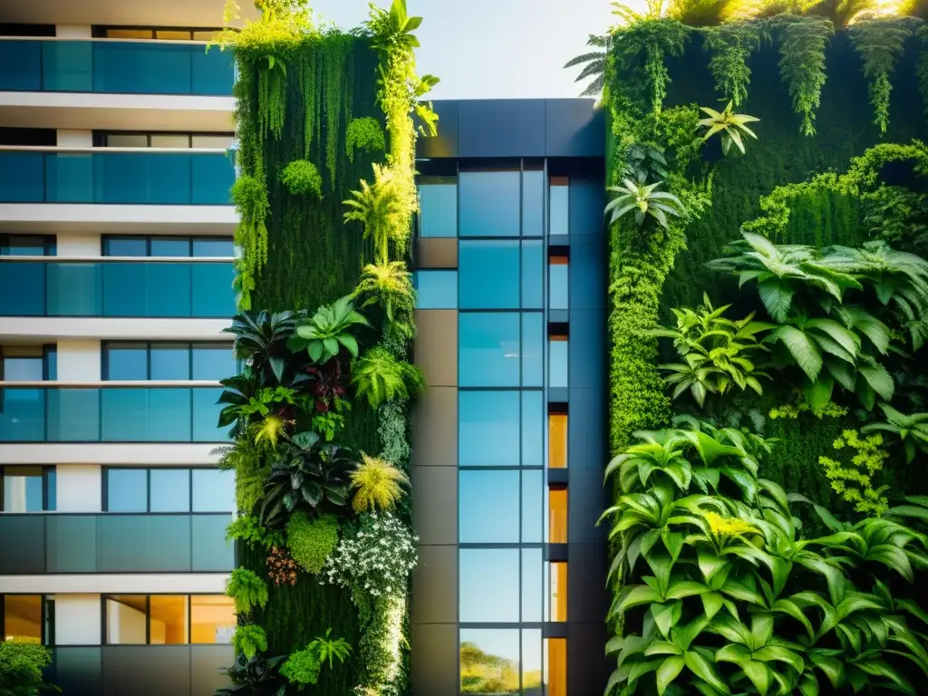 Innovaciones en jardines verticales sostenibles: un exuberante jardín vertical adorna un edificio moderno con plantas vibrantes y luz cálida