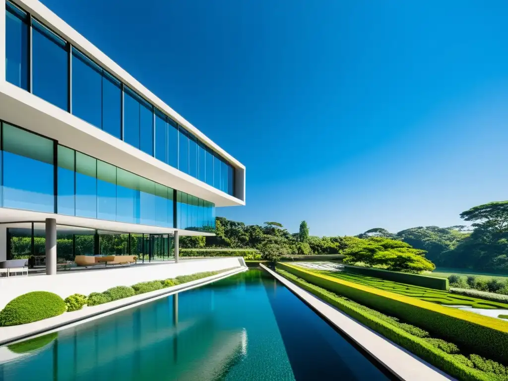 Innovaciones en ventilación natural: Edificio moderno con fachada de vidrio, rodeado de exuberante paisaje y luz brillante