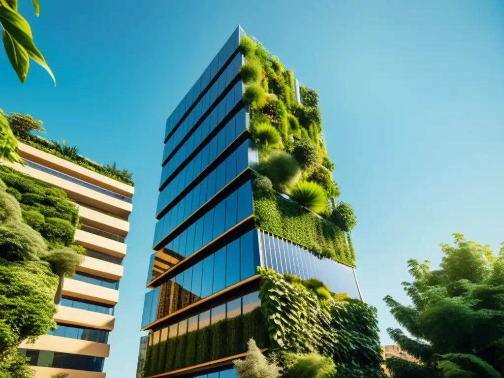 Innovaciones en construcción sostenible: edificio ecológico futurista con jardines verticales y paneles solares, rodeado de vegetación, bajo cielo azul