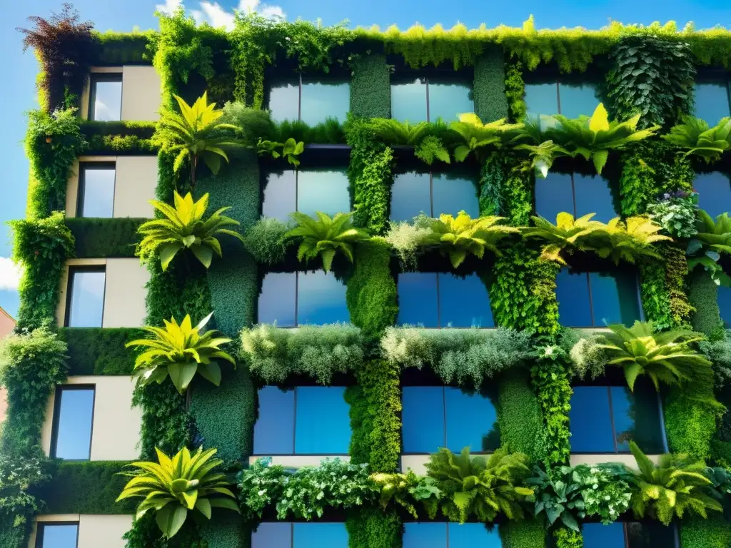 Innovaciones en techos verdes urbanos: Edificio contemporáneo con muros vivos verdes contrastando con el cielo azul