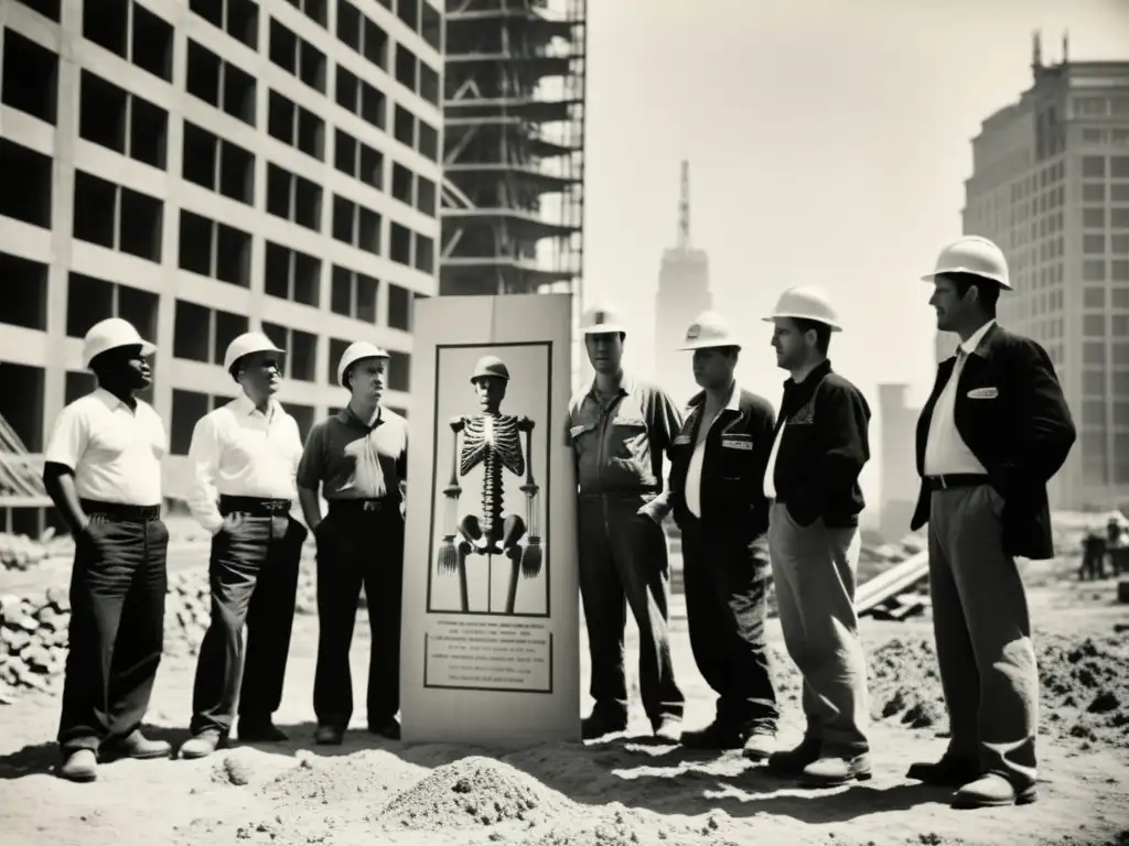 Innovaciones tecnológicas en la construcción de rascacielos: ingenieros y obreros posan orgullosos frente al esqueleto de un imponente rascacielos, en una foto vintage en blanco y negro que refleja determinación y espíritu pionero