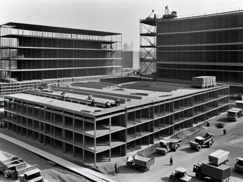 Innovaciones tecnológicas en la construcción urbana: trabajadores montando estructuras modulares en un bullicioso sitio de construcción urbana en blanco y negro