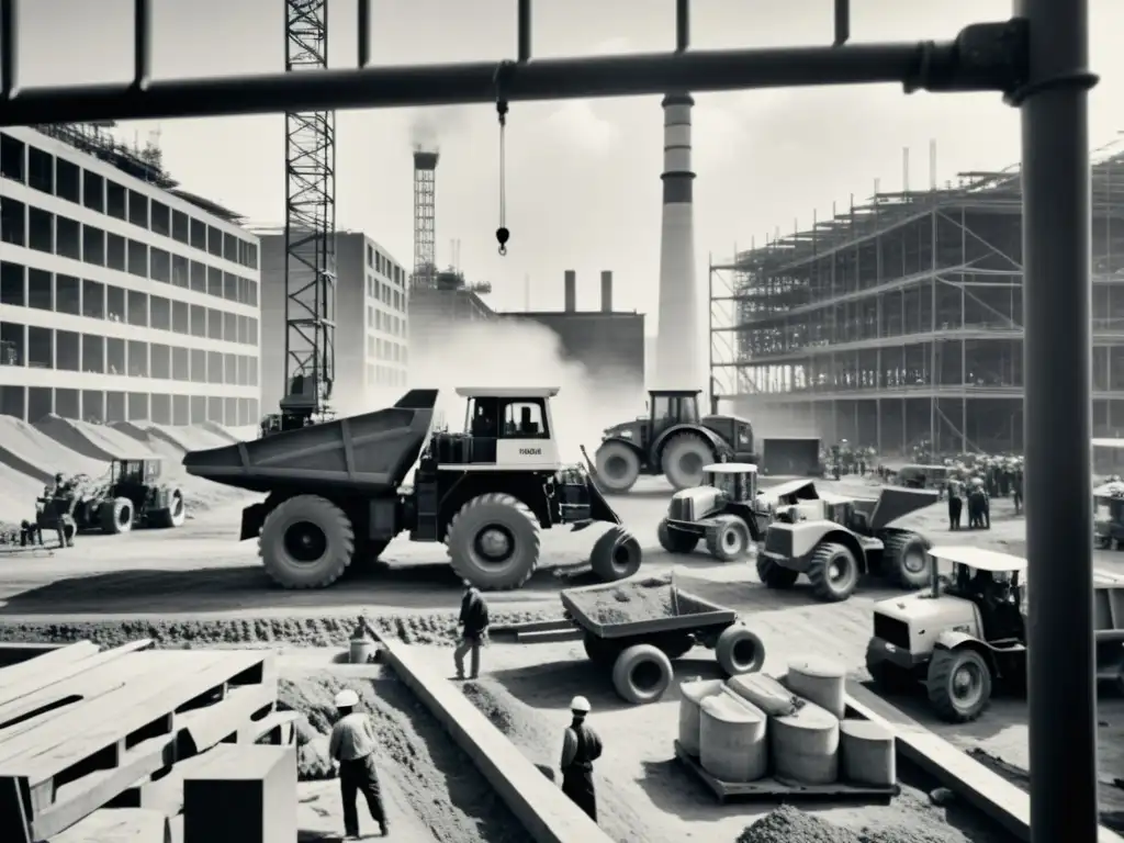 Innovaciones tecnológicas en la construcción urbana: Fotografía en blanco y negro de un bullicioso sitio de construcción urbana vintage, con trabajadores y maquinaria clásica, capturando la energía y la innovación de la época