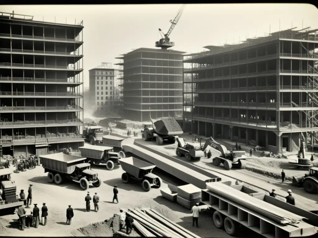 Innovaciones tecnológicas en la construcción urbana: Fotografía vintage de un bullicioso sitio de construcción urbana del siglo XX, con trabajadores y maquinaria de la época, capturada en blanco y negro con detalles arquitectónicos impresionantes