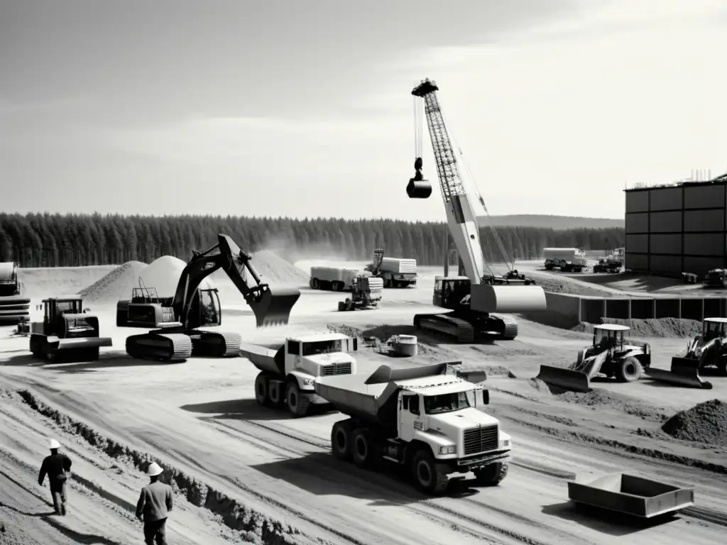 Innovaciones tecnológicas en construcción urbana: Fotografía vintage en blanco y negro de un sitio de construcción con trabajadores y maquinaria pesada en movimiento