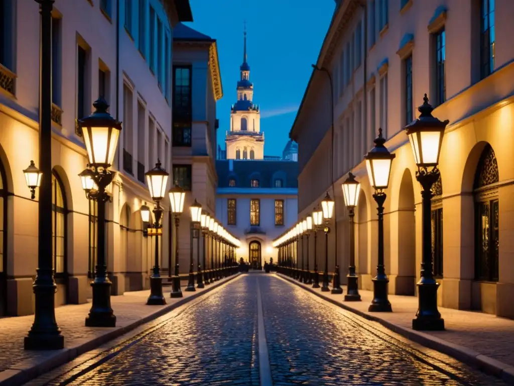 Innovaciones en iluminación urbana sostenible: Calle de la ciudad al anochecer, con farolas vintage iluminando el ambiente con elegancia atemporal