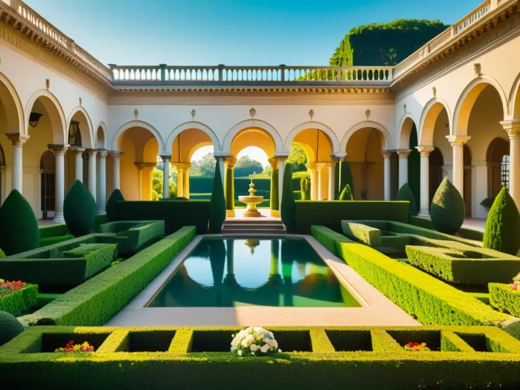 Inspiración estética del renacimiento en la arquitectura de un majestuoso palacio con jardines italianos exuberantes y una serena piscina