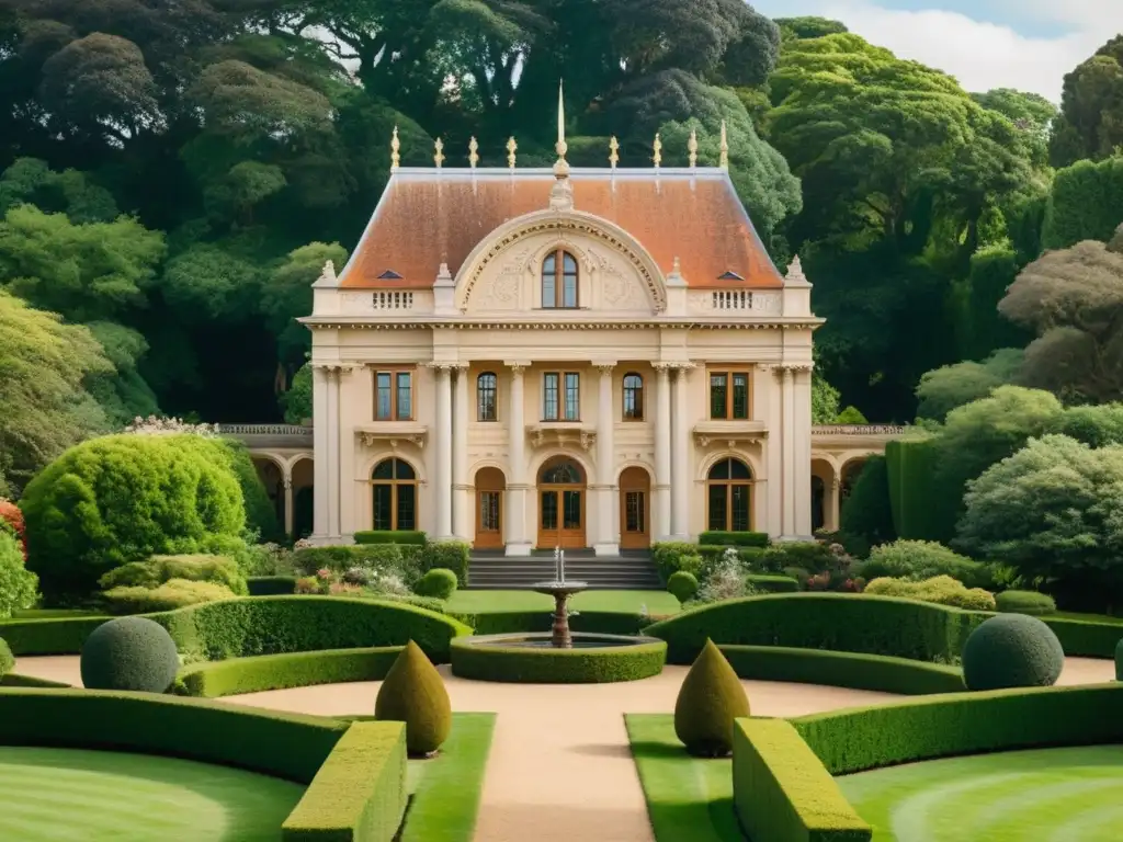 Inspiradora imagen vintage de un majestuoso edificio histórico rodeado de exuberantes jardines, evocando opulencia y elegancia atemporal