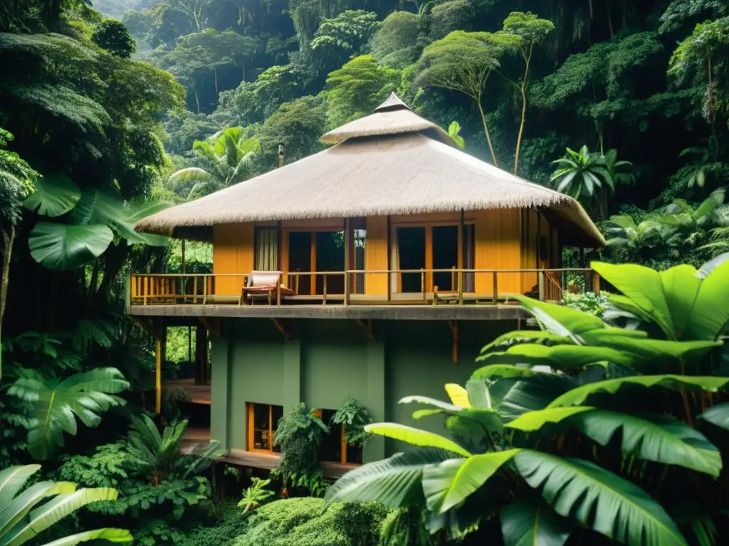 Integración ecológica de ecolodges: un refugio vintage en la exuberante selva lluviosa, con arquitectura natural y atmósfera serena