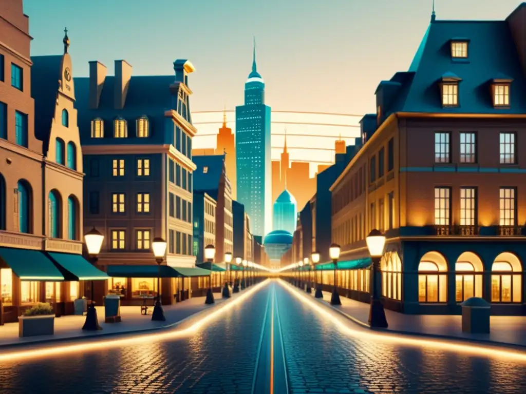 Integración de inteligencia artificial en arquitectura histórica con elementos vintage y tecnológicos en una ciudad inteligente