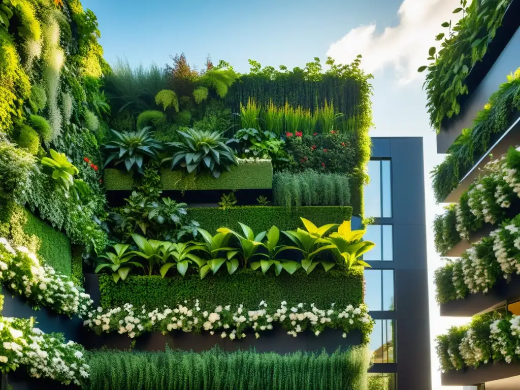 Jardín vertical vintage integrado en arquitectura moderna Integración de jardines verticales en arquitectura moderna con plantas exuberantes y cálida luz solar