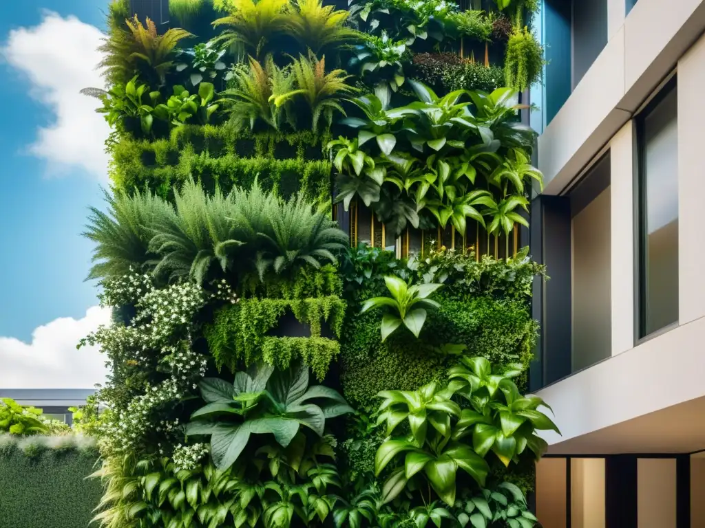 Jardín vertical vintage en armonía con la arquitectura moderna Integración de jardines verticales en arquitectura moderna con plantas exuberantes y luz filtrada, evocando armonía atemporal