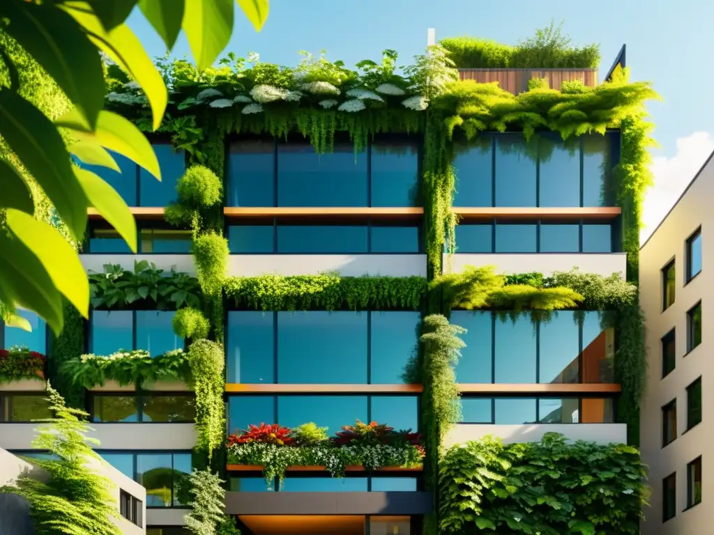 Integración de la naturaleza en arquitectura: Ilustración vintage de edificio moderno en armonía con exuberante vegetación y diseño sostenible